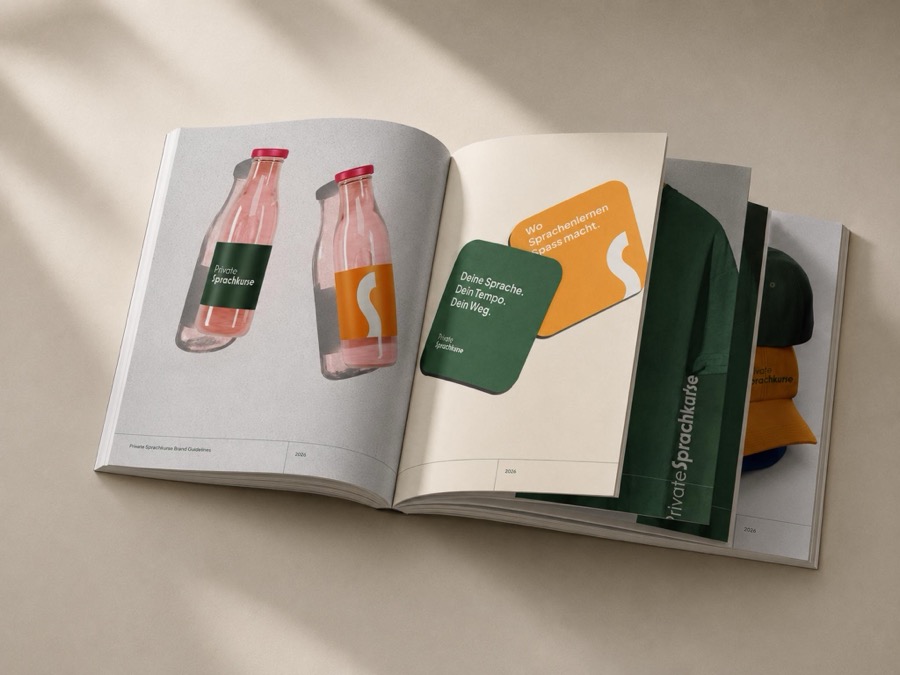 Offenes Markenbuch mit Corporate Design für Private Sprachkurse